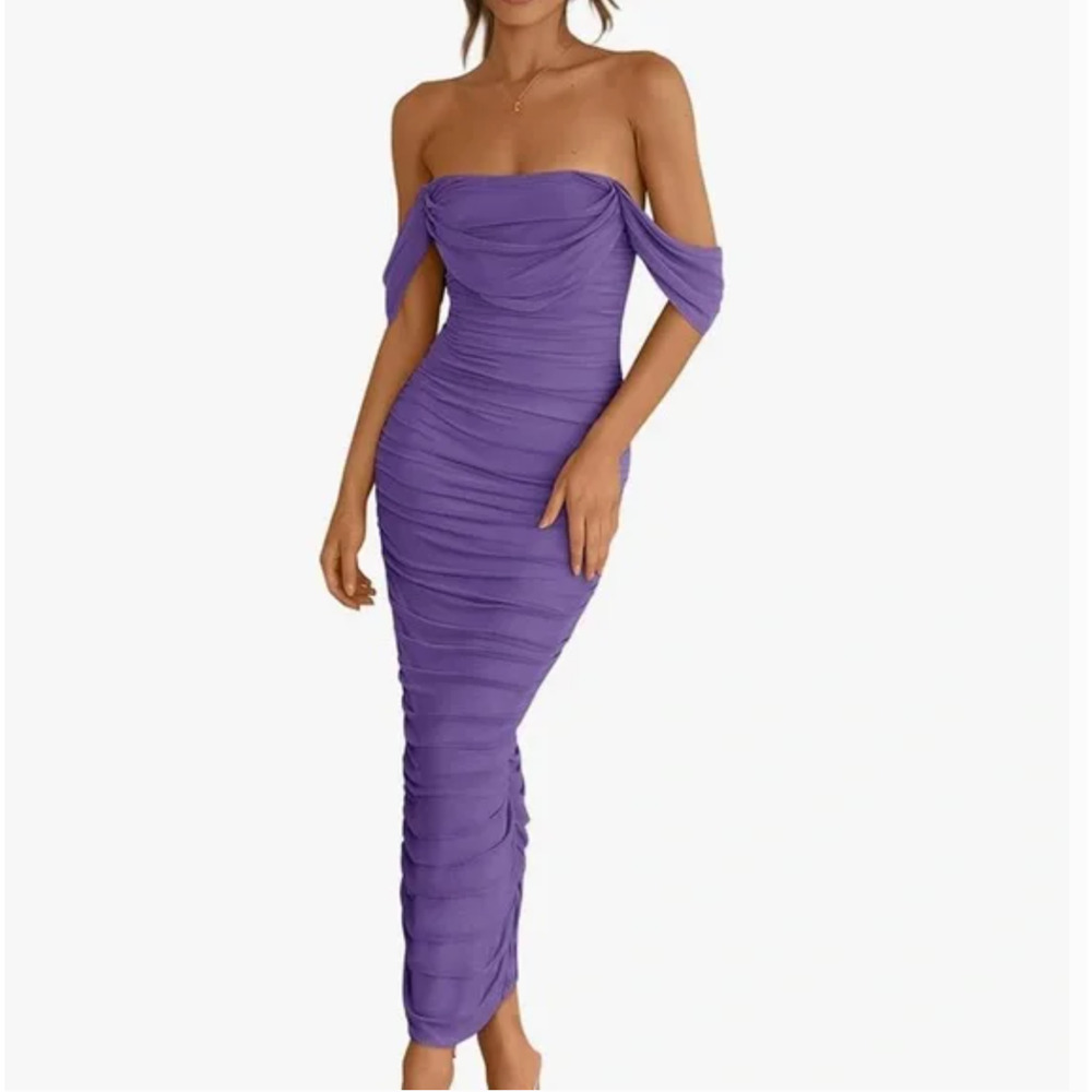 Pretty Garden Women's Purple Ruched Off Shoulder Bodycon Midi Dress Size Medium